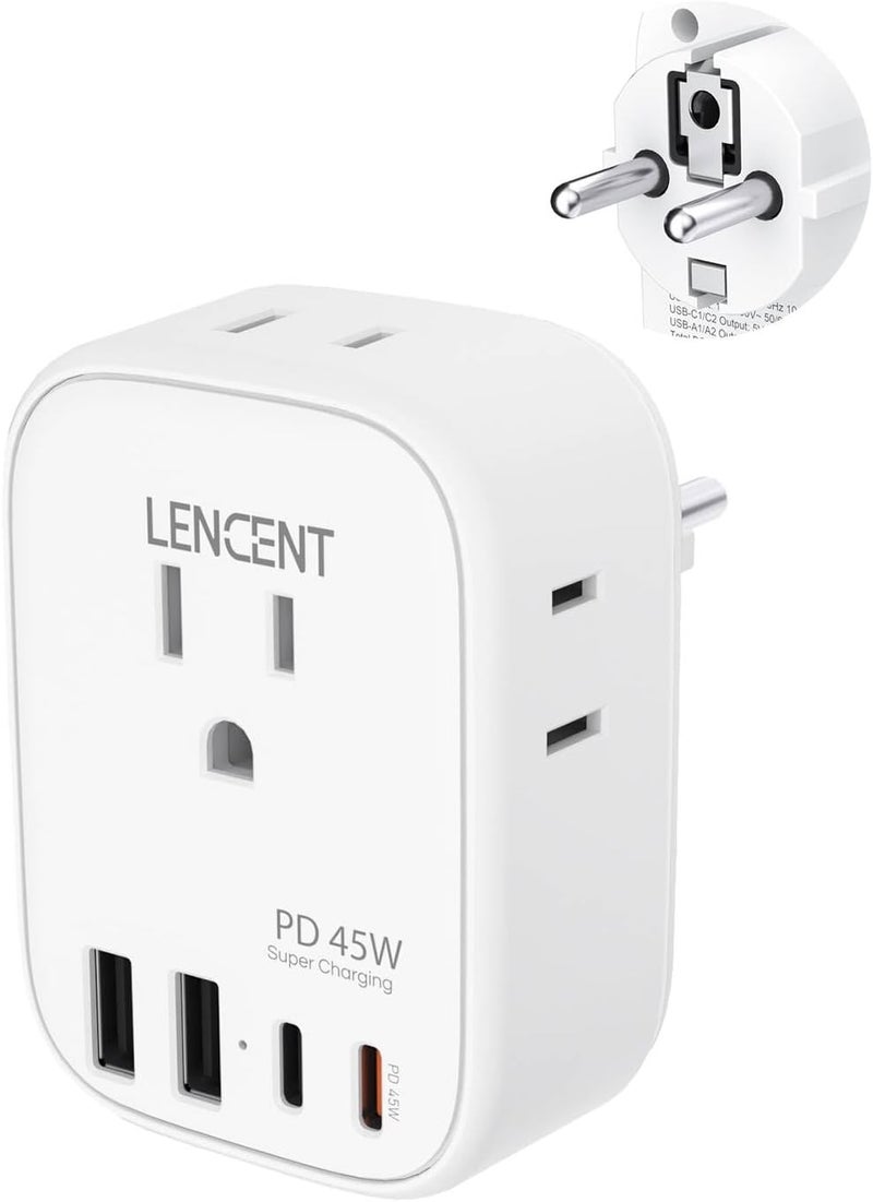 Lencent محول طاقة السفر إلى ألمانيا وفرنسا، شاحن سريع PD 45W USB C، محول شوكو نوع E F مع 4 مآخذ، أساسيات السفر من الولايات المتحدة إلى أوروبا، إسبانيا، اليونان، روسيا، ألمانيا، كوريا الجنوبية - Image 1